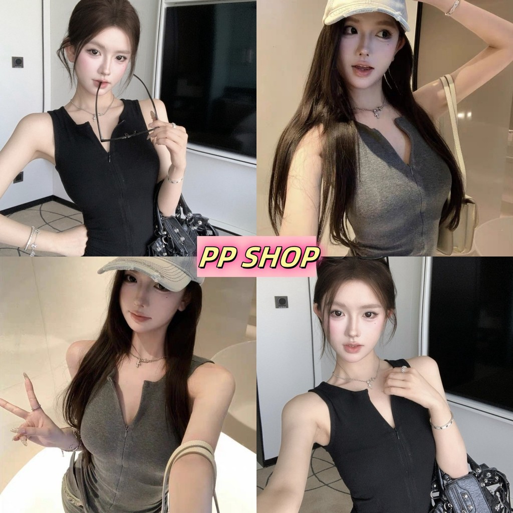 💜PP SHOP💜พร้อมส่ง เสื้อกล้าม แขนกุด คอวี สีพื้น ดีเทล ผ้าถัก ซิปรูดด้ายหน้าสีพื้น ผ้าร่องยืดพอดี ครอปท็อป#FY2653