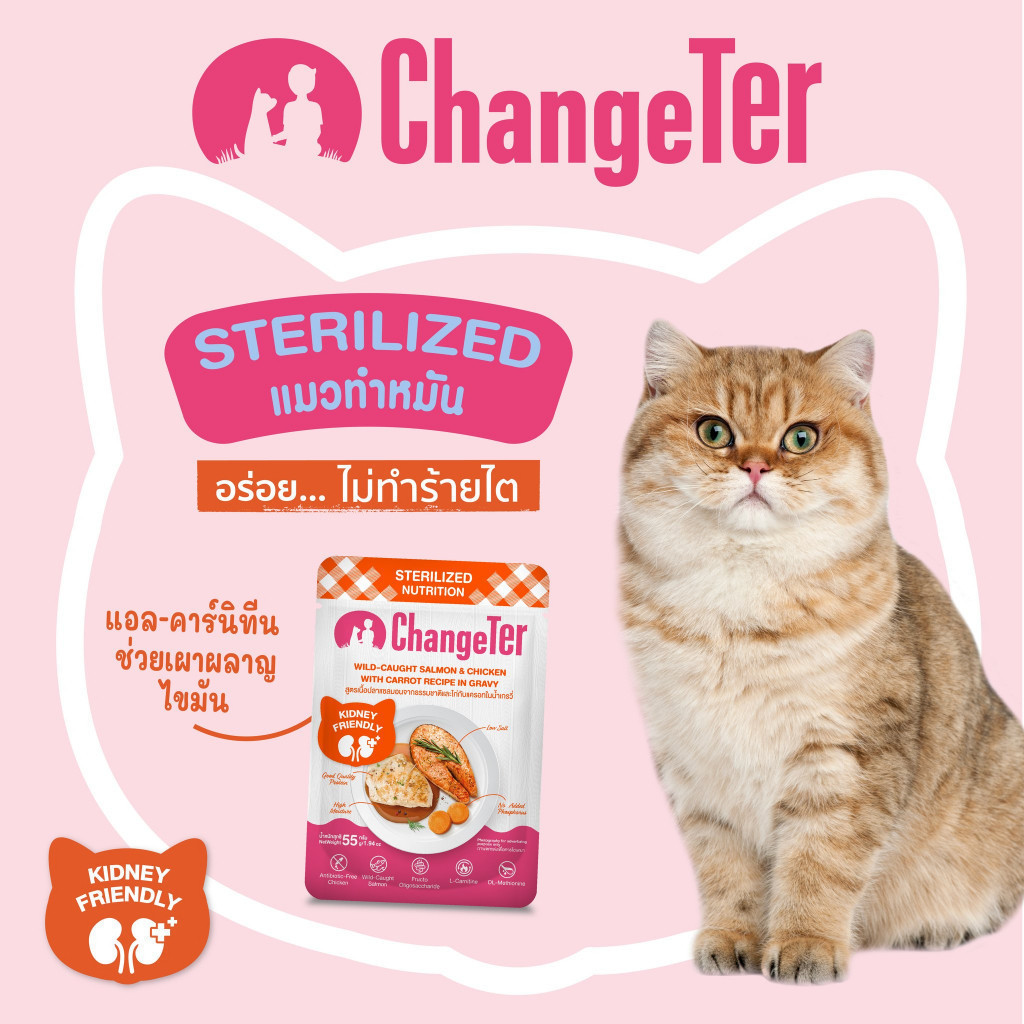 Changeter อาหารเปียกแมว [12 ซอง] ไม่เค็ม อร่อย เพื่อสุขภาพ ขนาด 55 กรัม