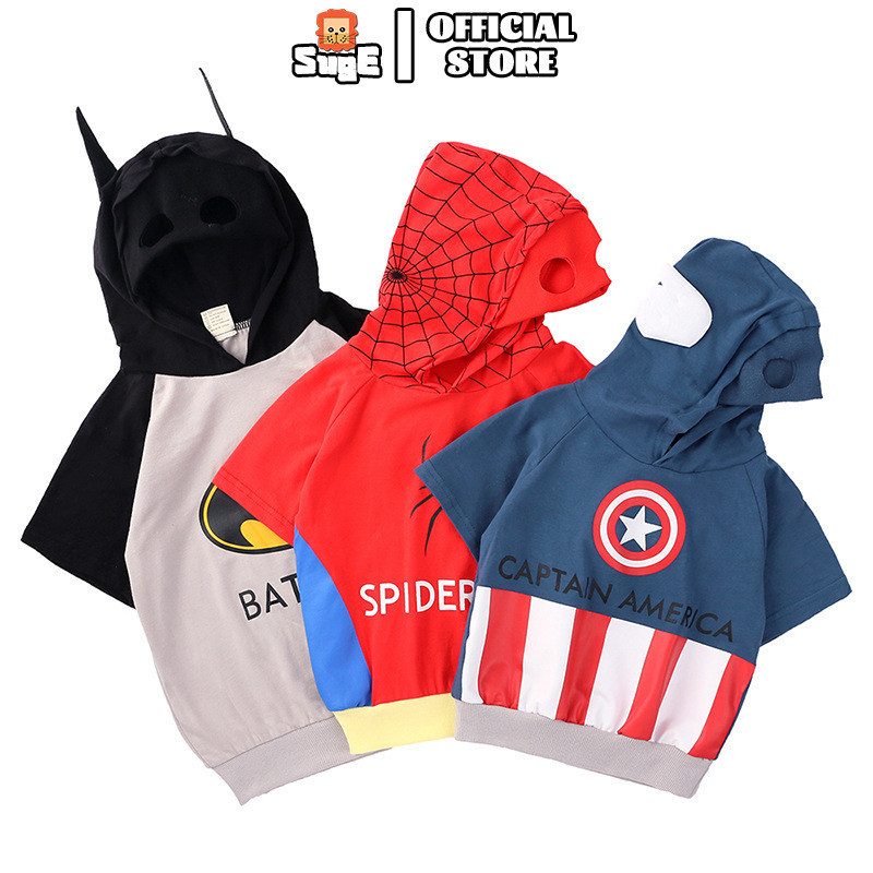 SUGE เสื้อผ้าเด็กผู้ชาย สไปเดอร์แมน แขนสั้น เสื้อเชิ้ตเด็กผู้ชาย เสื้อฮู้ด แบทแมน