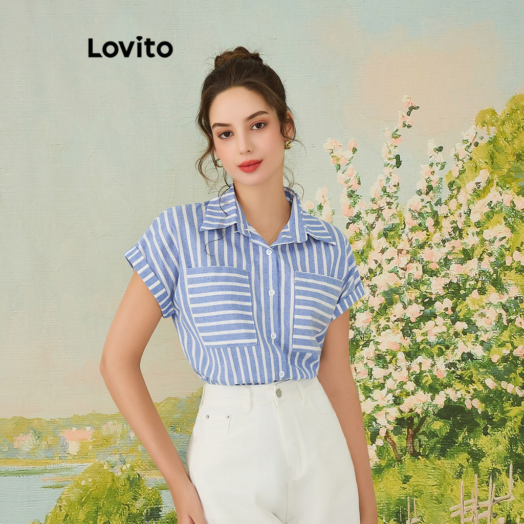 Lovito เสื้อเบลาส์ผู้หญิง ลายทาง มีกระเป๋า มีกระดุม สไตล์ลำลอง L83ED016