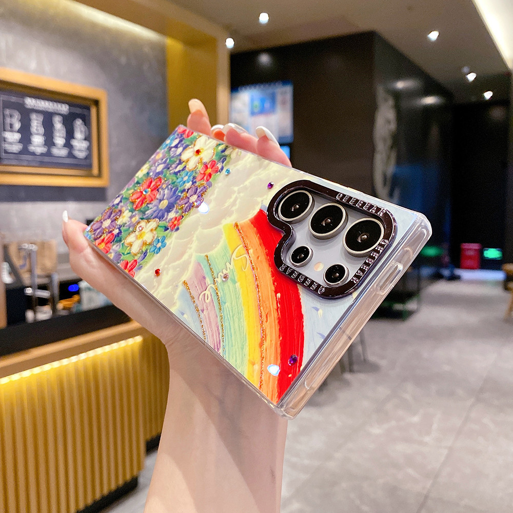 เคสโทรศัพท์มือถือ ซิลิโคนนิ่ม TPU กันกระแทก ลายภาพวาดสีน้ํามัน รูปผีเสื้อ ดอกไม้ พร้อมสายคล้อง และคลิปหนีบ สําหรับ Samsung Galaxy S24 S23 Ultra S23 Plus S24Plus S23Ultra