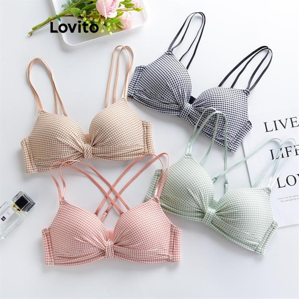 Lovito บราชั้นในผู้หญิง ลายตาราง สไตล์ลำลอง LNE49107