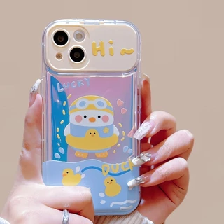 สำหรับ iPhone 11 15 14 13 12 Pro MAX 7 8 14 Plus XS MAX เคส แฮปปี้เติมน้ำมันเป็ดพลิกกรณีโทรศัพท์กระจก ป้องกันการตก