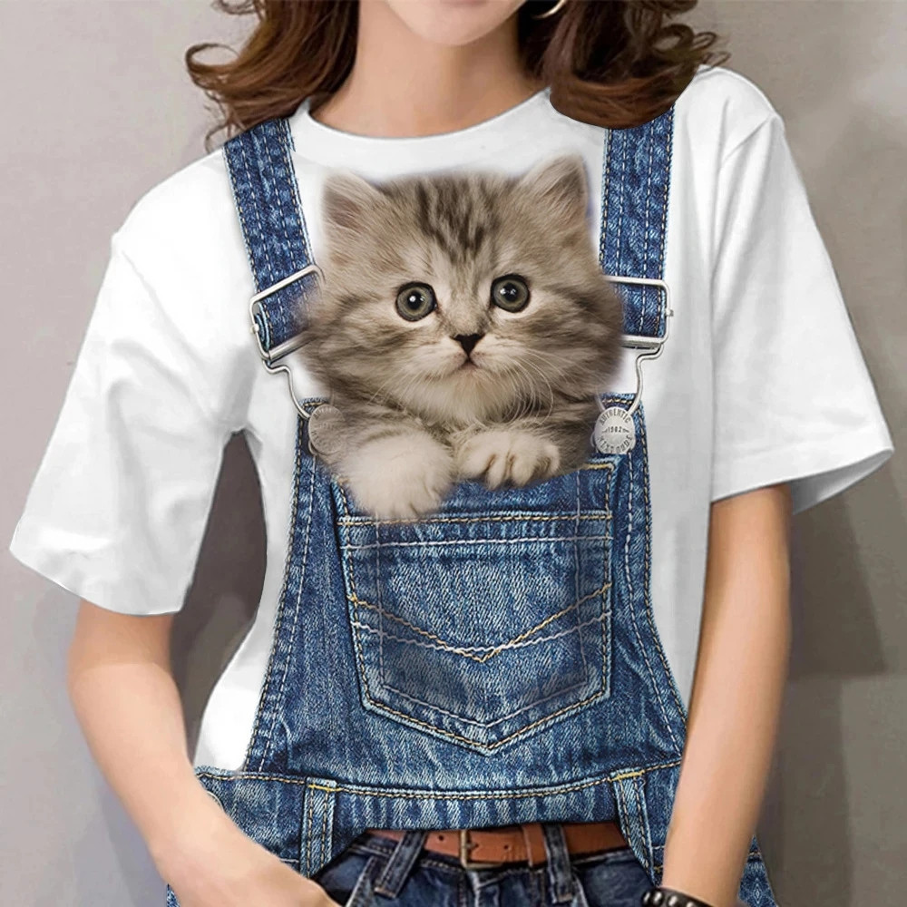 สัตว์3ง แฟชั่นแมวพิมพ์เสื้อผู้หญิงรอบคอเสื้อยืดสนุกแขนสั้นสีด้านบนฤดูร้อนเสื้อกีฬาเสื้อยืดวินเทจ