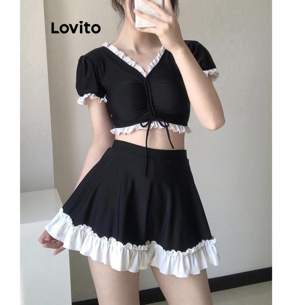 Lovito เซ็ทชุดว่ายน้ำผู้หญิง แต่งโบว์ สีพื้น สไตล์ลำลอง LNA52214