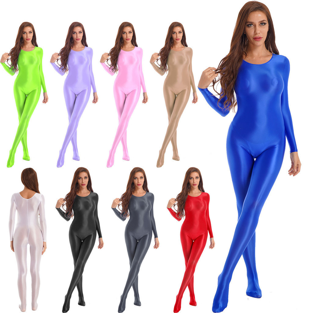 Yeahdor Glossy Full Bodysuit สตรีชิ้นเดียวแขนยาวเงา Unitard