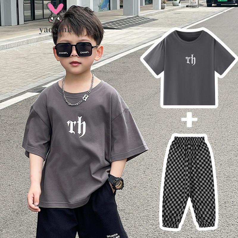 【YAOEENH】90-160 ซม.ฤดูร ้ อนเด ็ กแฟชั ่ นแขนสั ้ นชุดลําลองชายหญิงตัวอักษร Tie-ขาเขย ่ ากางเกง 2 ชิ ้ นพร ้ อมสต ็ อก Fast Shipping