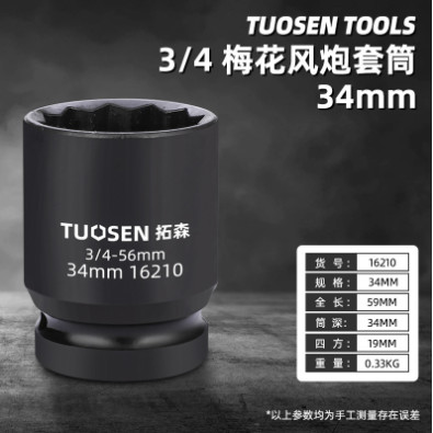 บล็อกขันล้อ บล็อกหัวจีบ บล็อกฝาจีบ 12เหลี่ยม แกน6หุน TUOSEN แบบสั้น มีขนาด 34มม 36มม 38มม