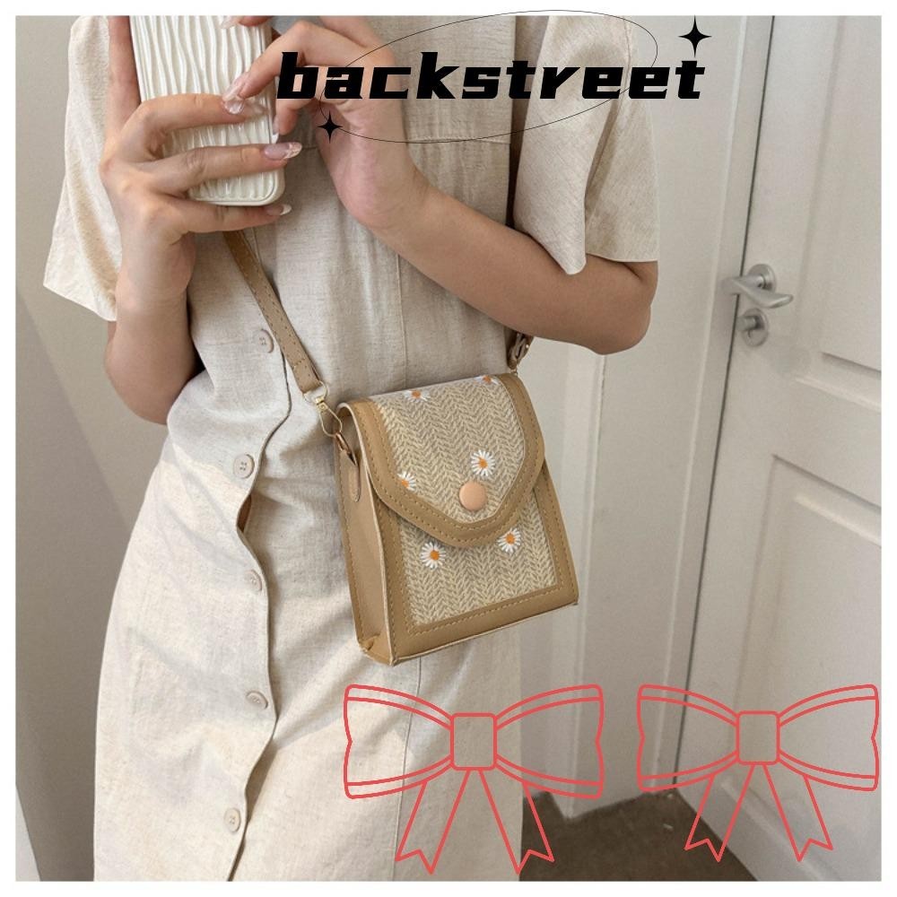 Backstreet Straw Plaited Phone Bag, Dacron Straw Embroidery Bag, Little Daisy Phone Pouch