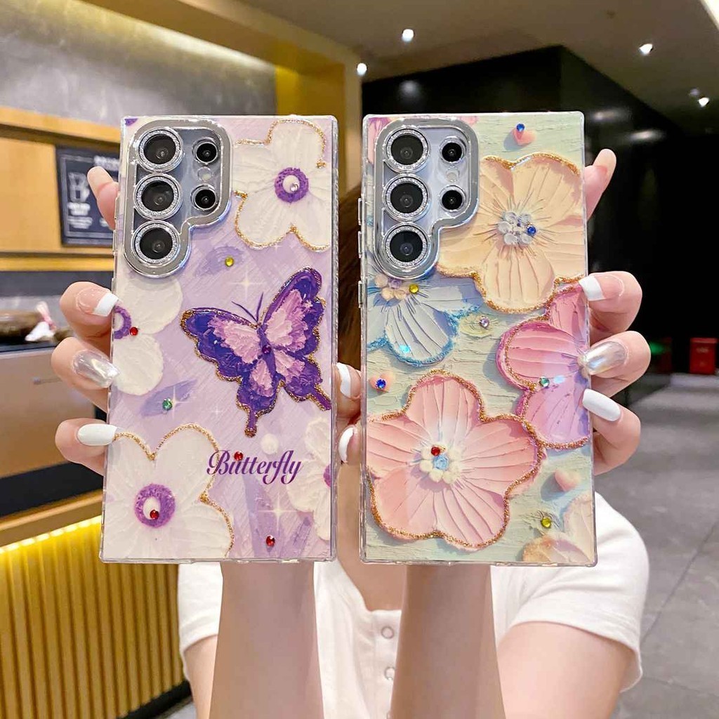 SAMSUNG สําหรับsamsungกรณีดอกไม้ผีเสื้อชุบกล้องฝาครอบป้องกันสําหรับgalaxy S22 S23 S24 Ultra Plusเคสโทรศัพท์ผู้หญิงสุภาพสตรีสาวของขวัญ