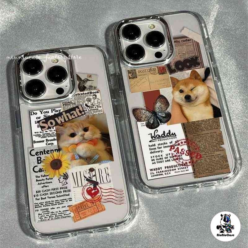 สำหรับ iPhone 13 12 14 11 15 Pro Max XR X Plus XS SE 7 แท็กลูกสุนัขลูกแมวลายกรอบรูปโลหะกรณีโทรศัพท์การแสดงออกของคู่รัก