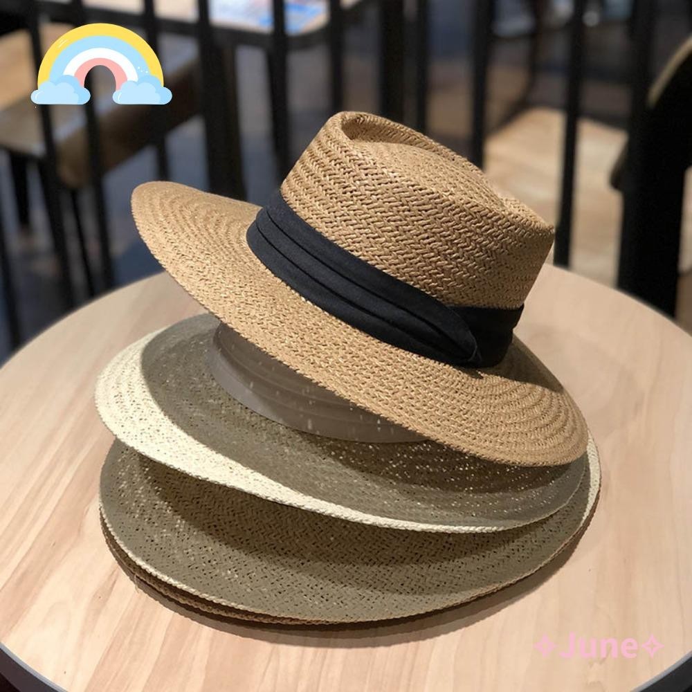 มิถุนายนหมวกฟางฤดูร ้ อนลําลองระบายอากาศแบนหมวก Fedora