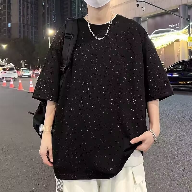 เสื้อยืดแขนสั้น Full Sky Star ผู้ชายอินเทรนด์อเมริกันเสื้อผ้าขนาดใหญ่ฤดูร้อนหลวมสบายๆครึ่งแขนรอบคอด้านบน