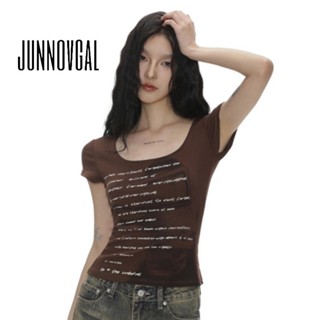 JUNNOVGAL เสื้อยืดผู้หญิง Retro สไตล์ใหม่ U-คอสีทึบการพิมพ์ต…