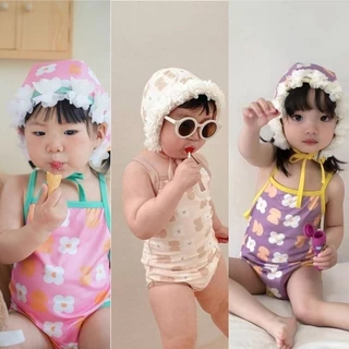 ฤดูร้อนสาวสไตล์ใหม่เด็กทารกน่ารักชุดว่ายน้ําชิ้นเดียว โดปามีน + หมวกว่ายน้ํา