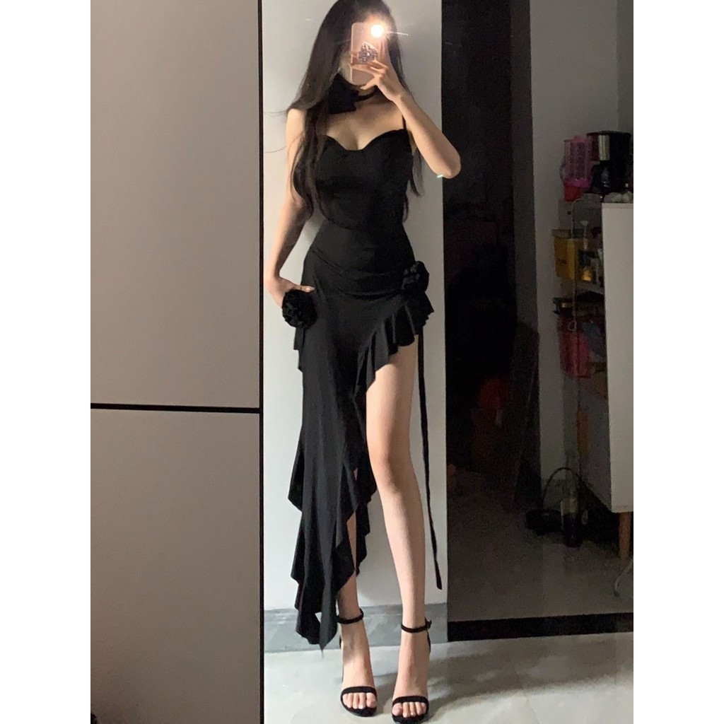 🌙เดรส,🌙French Pure Lust Ruffles Black Suspenders ชุดเดรสยาวเซ็กซี่