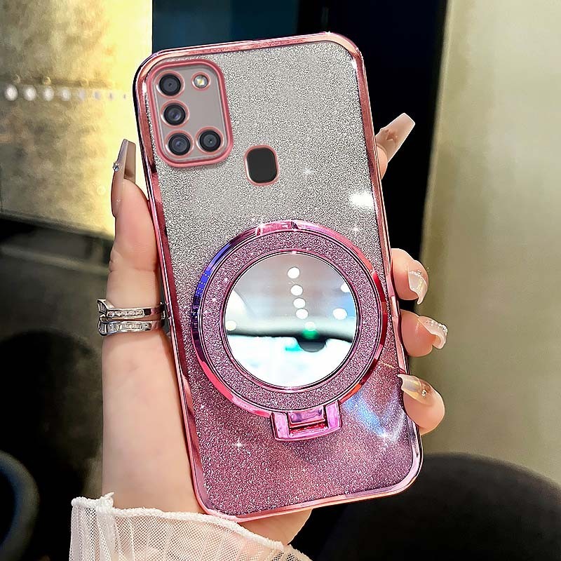 Ybd กระจกแม่เหล็กดูดวงเล็บเคสโทรศัพท์สําหรับ Samsung Galaxy A21S A30 A20 M10S A20S ประกายสีชมพูโปร่งใส Niche Creative เคสโทรศัพท์