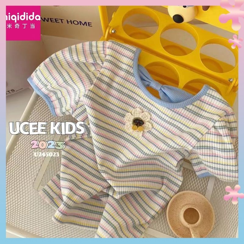 Summer Baby Girl Sweater Back Bow Striped Short SleeveTGirl's T-shirt Small and Medium Children's Tops