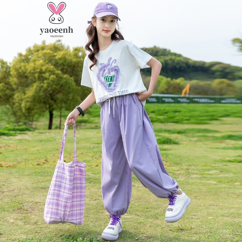 120-170เซนติเมตรสาวฤดูร้อนสตรอเบอร์รี่หลวมสบายๆสูทกลางเด็กใหญ่แฟชั่นผ้ากอซลูกไม้แขนสั้นกางเกงสูทพร้อมสต็อกจัดส่งที่รวดเร็ว