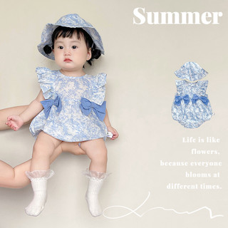 ฤดูร้อนใหม่เสื้อผ้าเด็กผู้หญิงบอดี้สูท + หมวก 0-24 เดือนทารกบางน่ารักสุดน่ารักโบว์สามเหลี่ยม ชุดรอมเปอร์