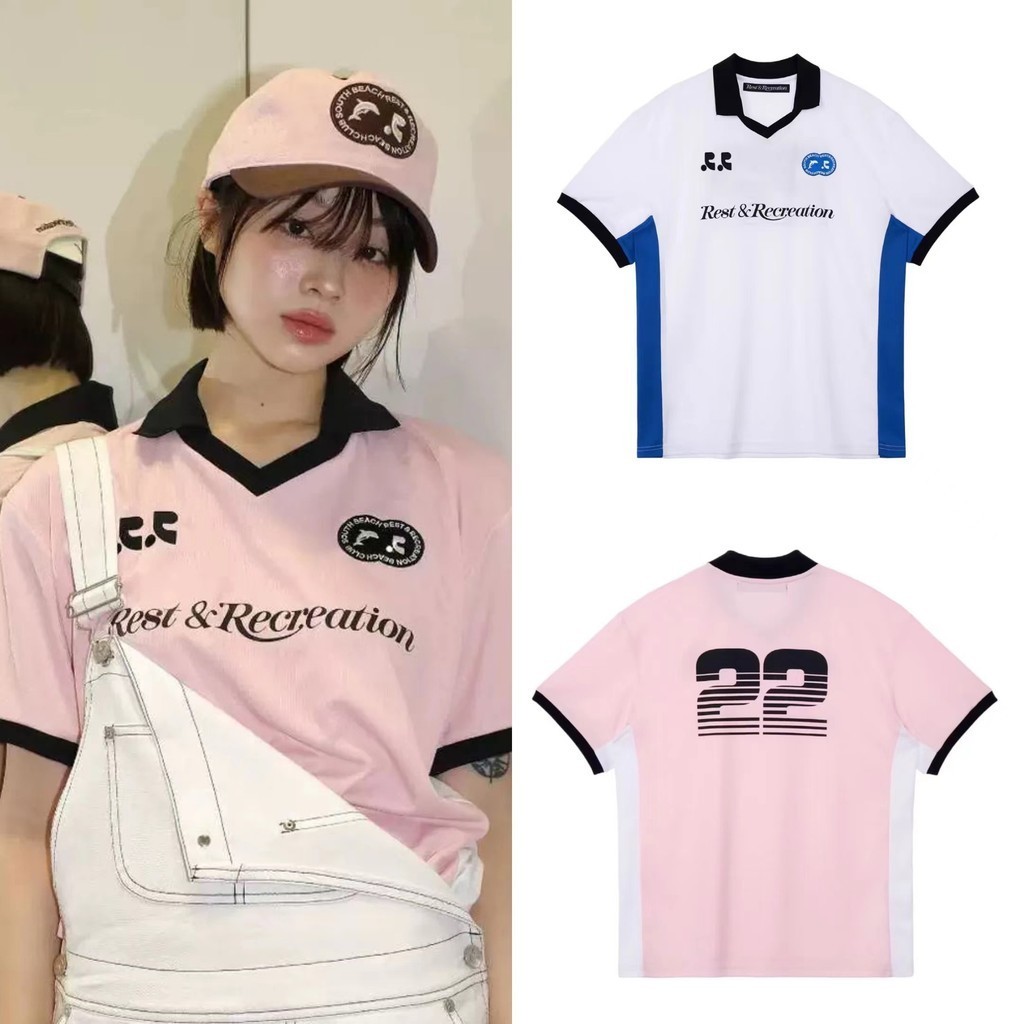 ช่องเกาหลี 24 ใหม่ RR เย็บปะติดปะต่อกันสีเสื้อคอวีตัวอักษรหลวมแขนสั้นเสื้อยืด