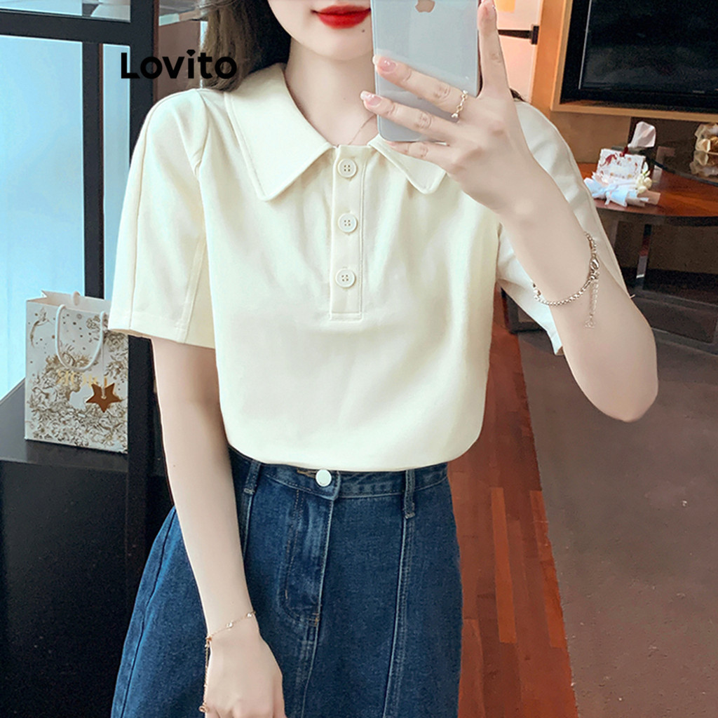 Lovito เสื้อโปโลผู้หญิง มีกระดุม สีพื้น สไตล์ลำลอง LNE52504