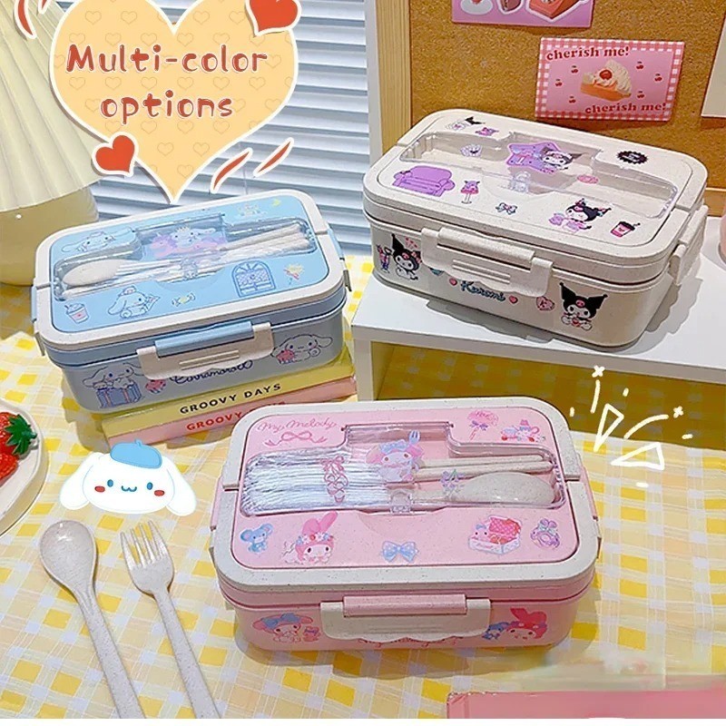 Sanrio Kuromi กล่องอาหารกลางวัน Cinnamoroll My Melody นักเรียน Compartmentalised เป็นมิตรกับสิ่งแวดล้อม Bento กล่องบนโต๊ะอาหารภาชนะเก็บอาหาร