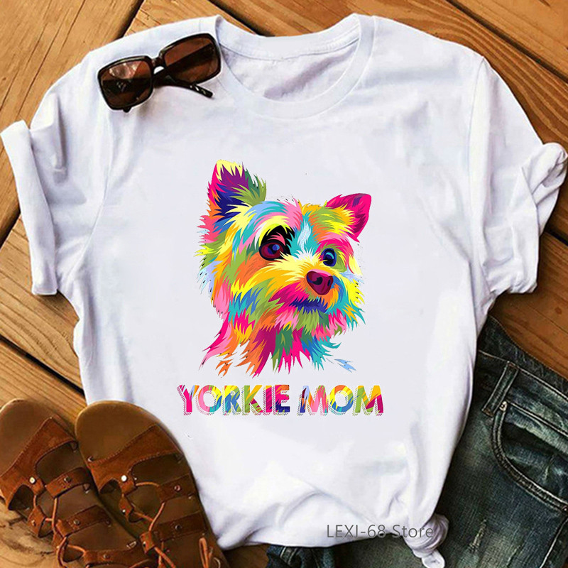 Rainbow Yorkie Mom Graphic Print Tshirt Women'S Clothing Funny Pride Lgbt T-Shirt Femme Dag Lover T 