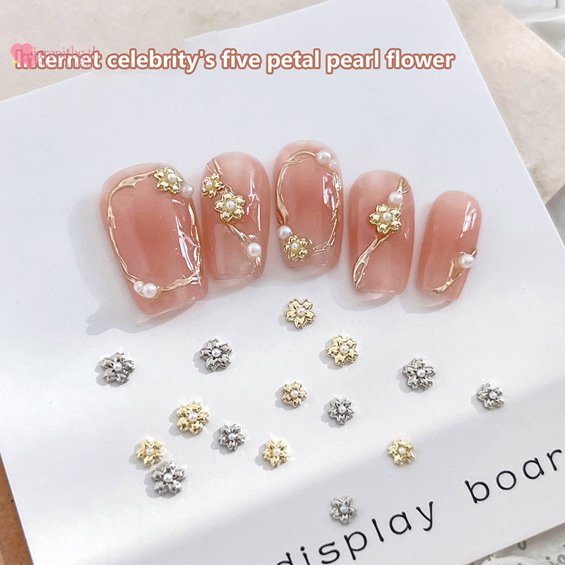 Renbg 10pcs Mini ดอกไม้ไข่มุกตกแต่งเล็บโลหะผสมโหลดอุปกรณ์เล็บสามมิติเล็บ Paing ร้านทําเล็บเล็บ TH