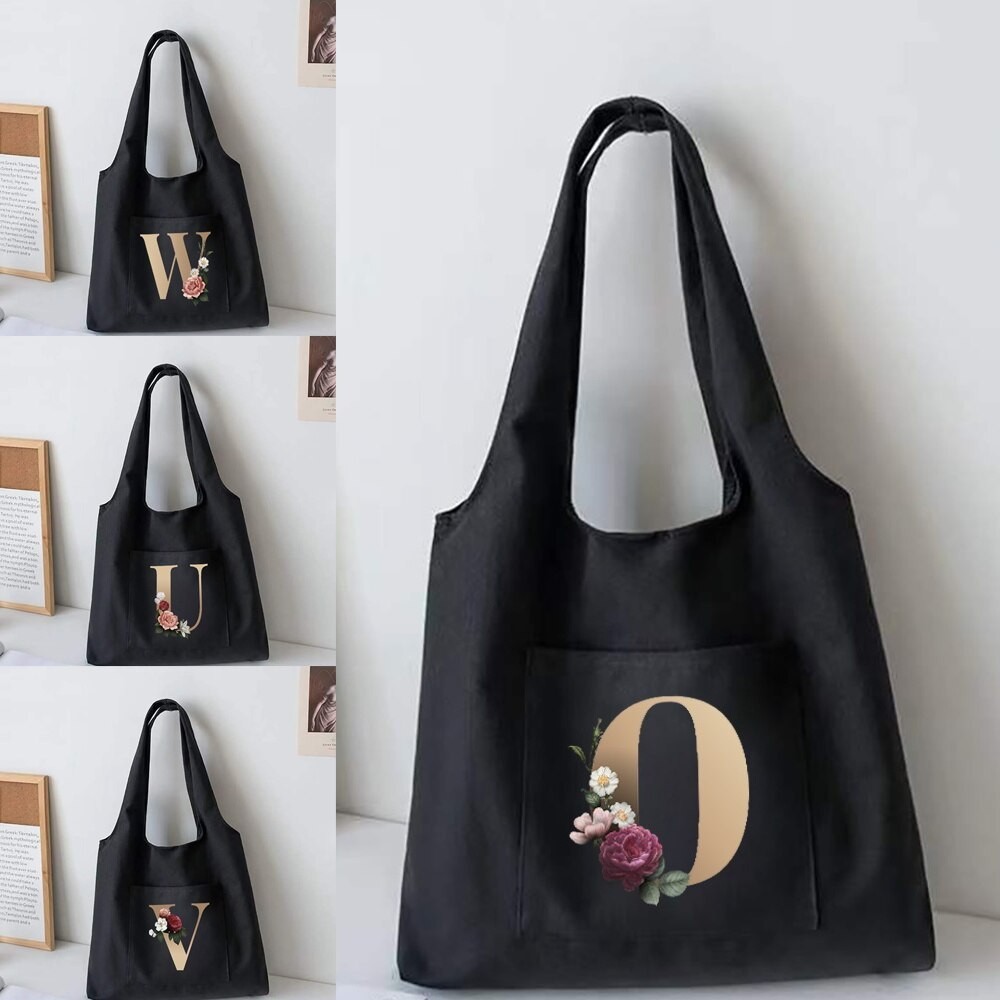 Gold Letter ผ้าใบกระเป๋าผู้หญิงไหล่กระเป๋าความจุสูง Tote กระเป๋านักเรียนโรงเรียนกระเป๋าแบบพกพา Shopper Shopping Bag