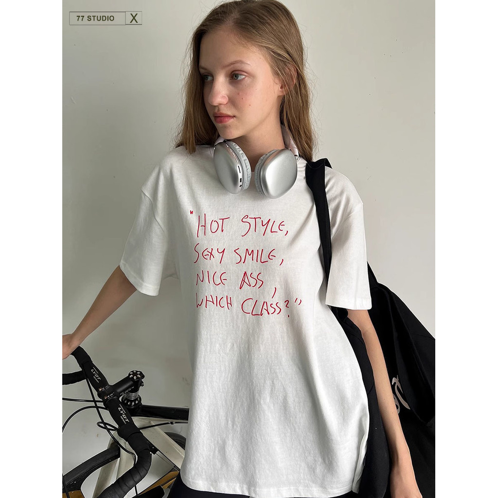 พร้อมส่ง เสื้อเชิ้ตลำลอง แขนสั้น คอกลม ญ-ช ใส่ได้ จดหมาย พิมพ์ลาย แฟชั่นสไตล์อเมริกา สวมใส่สบาย