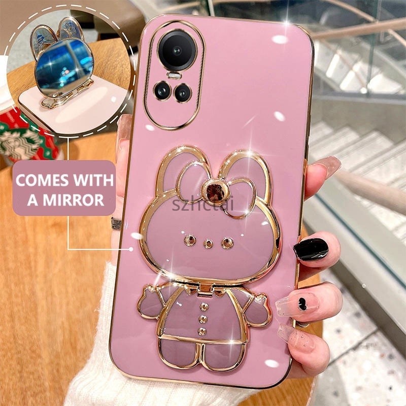 โทรศัพท์มือถือชุบหรู oppo reno 10 reno 10 pro น่ารักรูปกระต่ายกรณีโทรศัพท์กับ 360 องศาหมุนผู้ถือกรณีกับกระจกเครื่องสำอาง เคส oppo reno 10 reno 10 pro