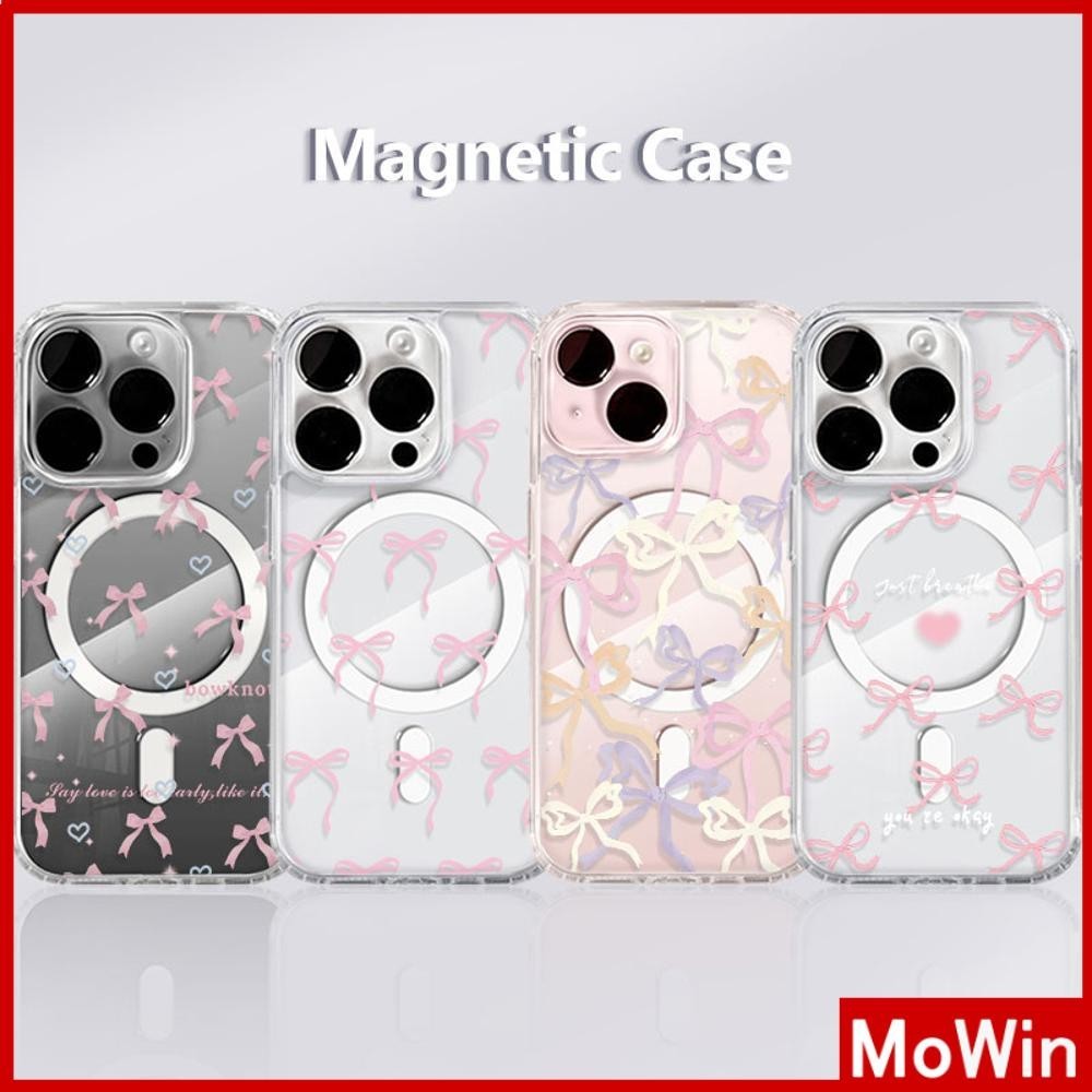 Mowin - สำหรับ iPhone 15 PRO MAX เคส iPhone 11 เสริมสร้างแม่เหล็กอะคริลิคใสกระดานแข็ง TPU กรอบนุ่มกันกระแทกโบว์สีชมพู iPhone 14 13 Pro max 12 Pro Max 11 XR XS 7 8Plus max XS XR