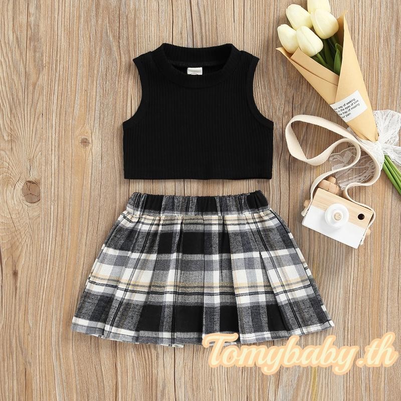 Tomybaby-2 ชิ้นสาวชุดสีทึบเสื้อกล้ามยาง + เอวยางยืดสีตัดกันลายสก๊อตชุดกระโปรงจีบ