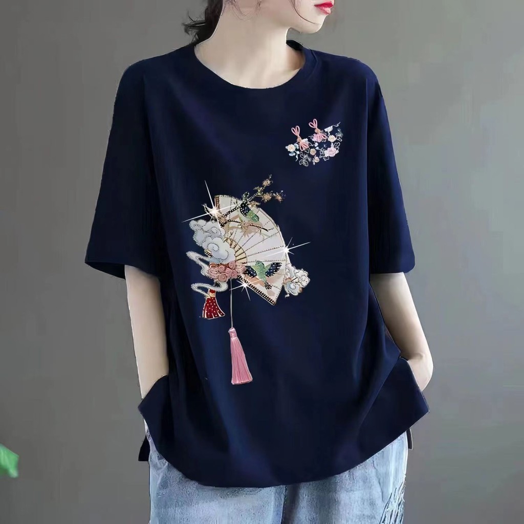 Begonia Boutique ผู้หญิงฤดูร้อนผ้าฝ้ายแท้แขนสั้นเสื้อยืดผู้หญิงหลวม Slimmer ดูสไตล์ชาติพันธุ์ Plus ขนาดไขมัน mm