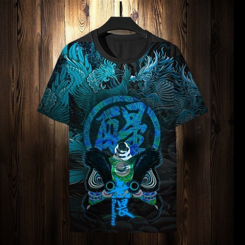 สไตล์จีนอินเทรนด์ Lion Dance เสื้อยืดแขนสั้นผู้ชาย plus ขนาด Retro แฟชั่นผู้ชายหลวมแขนสั้นฤดูร้อน Quick-Drying เสื้อยืด