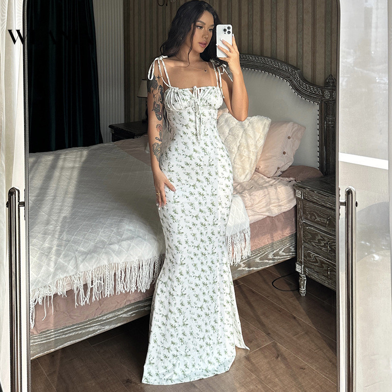 Weania Women Floral Print Strap Lace Up Long Dress
