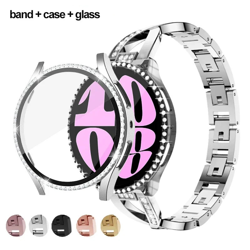 สายเพชร + เคสสําหรับ Samsung Galaxy watch 6 44 มม.40 มม.นาฬิกา 5 4 40 มม.44 มม.กรณี + Bling โลหะ Band