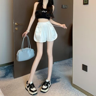 cherryshop พร้อมส่ง กางเกงขาสั้นกีฬาผูกเชือกเอวสูงสไตล์เกาหลีแฟชั่นฤดูร้อนสำหรับผู้หญิง สีทึบ ผ้ายืดใส่สบาย ลำลอง น่ารัก