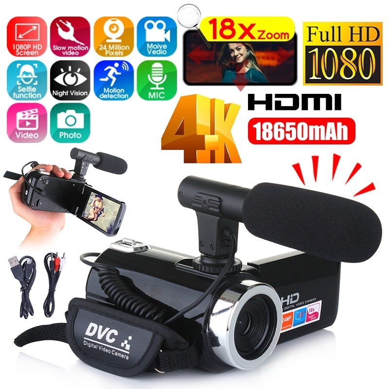 4K Full HD 2400 MP กล้องวิดีโอ IR Night Vision หน้าจอสัมผัส LCD 3 นิ้ว 18X ซูม พร้อมไมค์