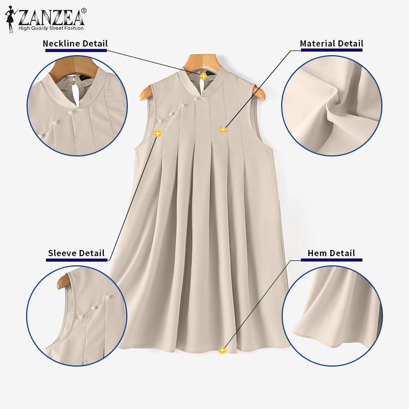 Zanzea ผู ้ หญิงเกาหลีคอปกแขนกุดกระเป ๋ า A-Line ชุดเดรสหลวม — صورة 7