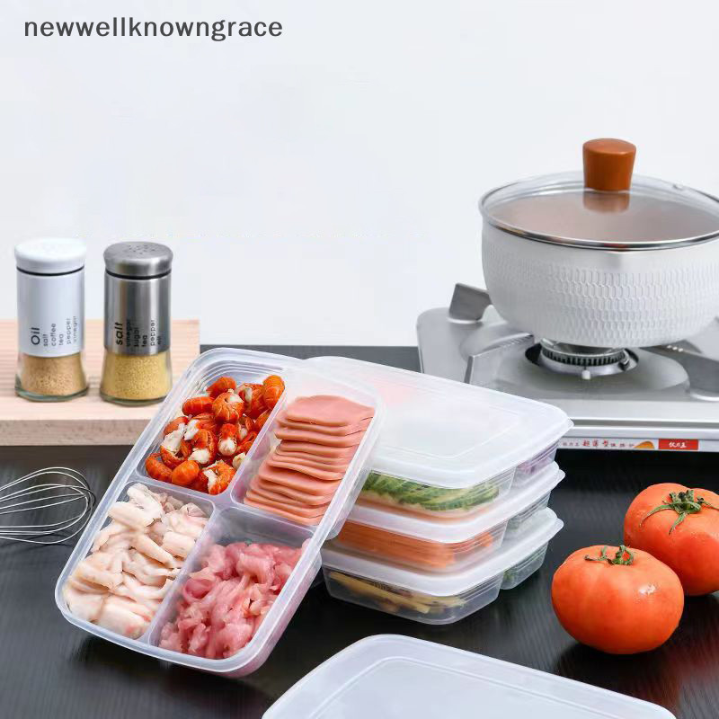 Newwellknowngrace 4 กริดอาหารกล่องเก็บผลไม้แบบพกพาตู้เย็นตู้แช่แข็ง Organizer Sub-Packed เนื้อหัวหอมขิง Clear Crisper TH