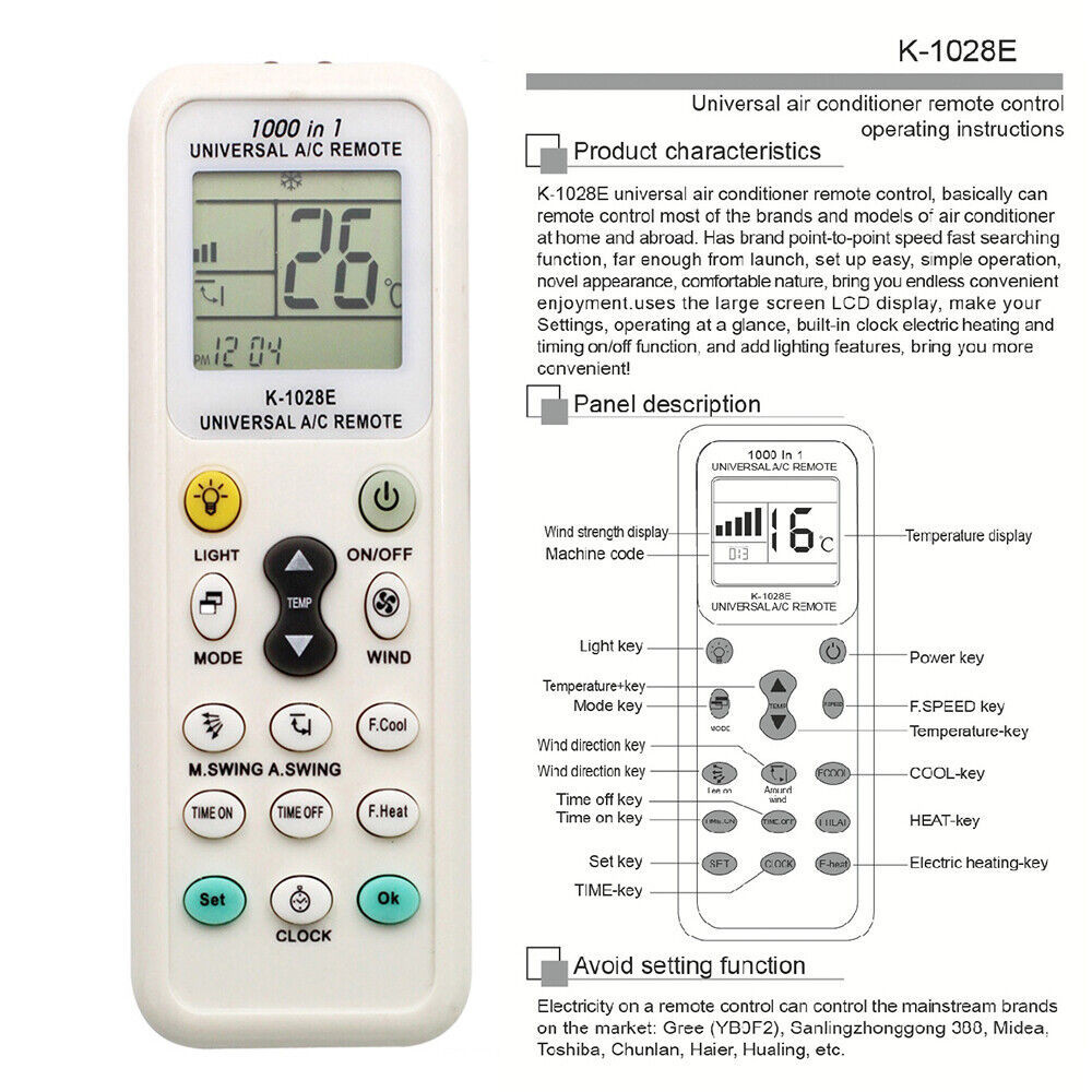 ใหม่ 1000in 1 รีโมทคอนโทรลสากล K-1028E AC Digital LCD สําหรับเครื่องปรับอากาศ