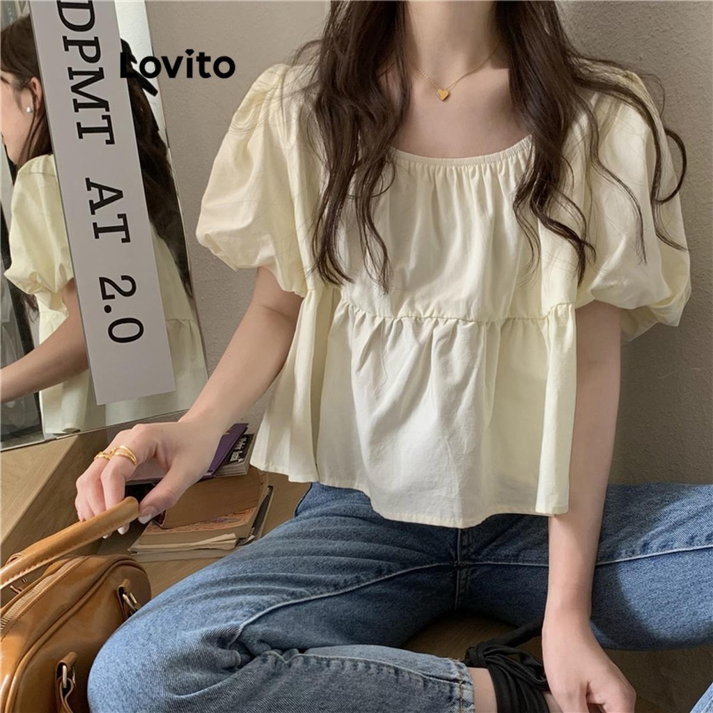 Lovito เสื้อเบลาส์ผู้หญิง ผูกหลัง สีพื้น สไตล์ลำลอง LNA49191
