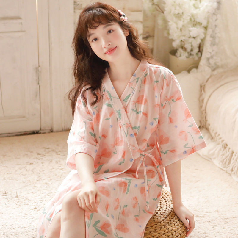 ญี่ปุ่นkimono NightgownกระโปรงบางLaced-Upเสื้อคลุมอาบน้ําชุดนอนผู้หญิงฤดูร้อนHomewearฤดูร้อนเสื้อคลุมอาบน้ําฤดูร้อนแขนสั้น