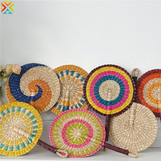 พัดลมฟางทอกลมสําหรับฤดูร้อนระบายความร้อนพัดลมทอมือนอร์ดิกแขว…