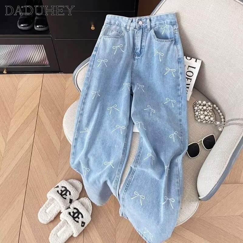 DaDuHey Women's Korean-Style Bowknot Printed Jeans 2024 New High Waist Straight Loose Slimming Wide-Leg Pants
