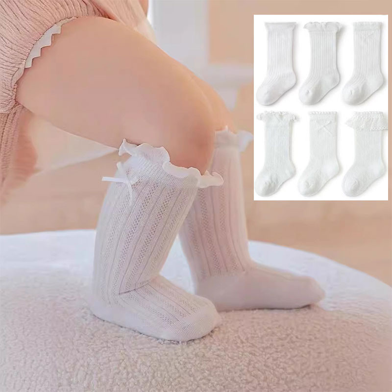 3คู่/ถุงลูกไม้น่ารักเด็กถุงเท้ายาวสีขาวบริสุทธิ์ตาข่ายระบายอากาศเด็กวัยหัดเดินสาวลูกวัวถุงเท้าฤดูร้อนสบายผ้าฝ้ายสาวถุงเท้า