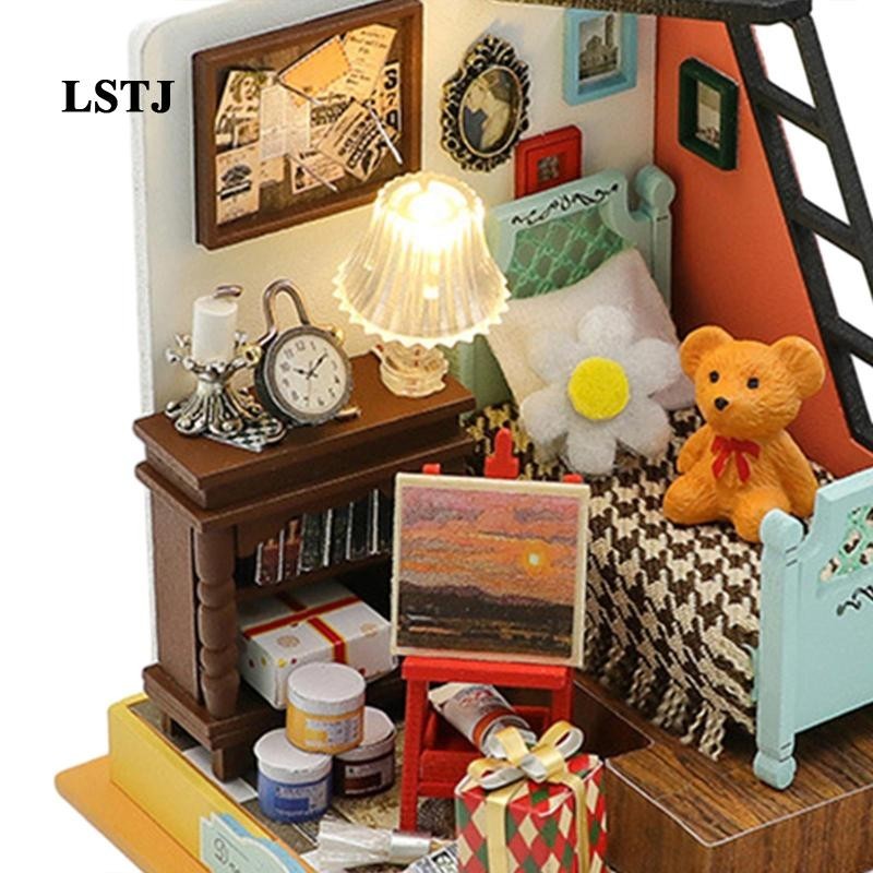 [Lstjj] Diy Handcraft ตุ๊กตาจิ๋วไฟ LED แฟชั่นงานฝีมือกล่องห้องไม้
