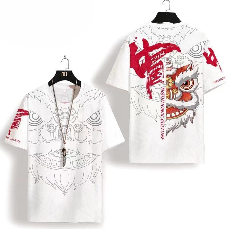 สไตล์จีนแฟชั่นแขนสั้นฤดูร้อน Lion Dance ผู้ชายหลวมใหม่ Quick-Drying Breathable รอบคอหล่อเสื้อยืดแขนสั้น Casual